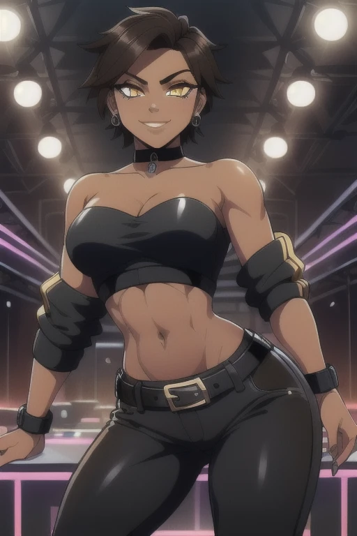 ((best quality)),((highly detailed)),masterpiece,absurdres,detailed face,beautiful face,(detailed eyes, deep eyes),(1girl),((dynamic pose)), 1girl, solo, 26 years old, tomboy, (shiny skin), (midriff:1.2), (tan-bronze skin), (Yellow eyes), short brown hair, medium breasts, (Cleavage), (Wearing: blue jacket, choker, Strapless black top, Belt, Black shiny leather pants), tight fitting clothing, piercings, toned, hourglass figure, athletic, snarky expression, wide smile, (agile physique:1.1), (Character Focus),Perfect Anatomy, Looking at Viewer, indoors, at a rave, nightclub background,
