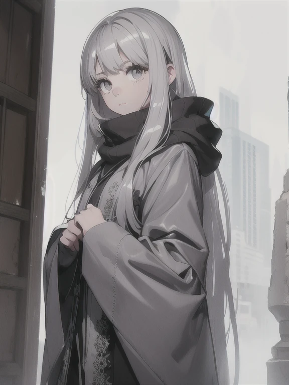 One girl, In a blizzard、Next to me is a big silver wolf、Dark grey robe、intellectual、Long silver hair、Olive eyes、Very slim、Fair skin、 girl、Calm atmosphere