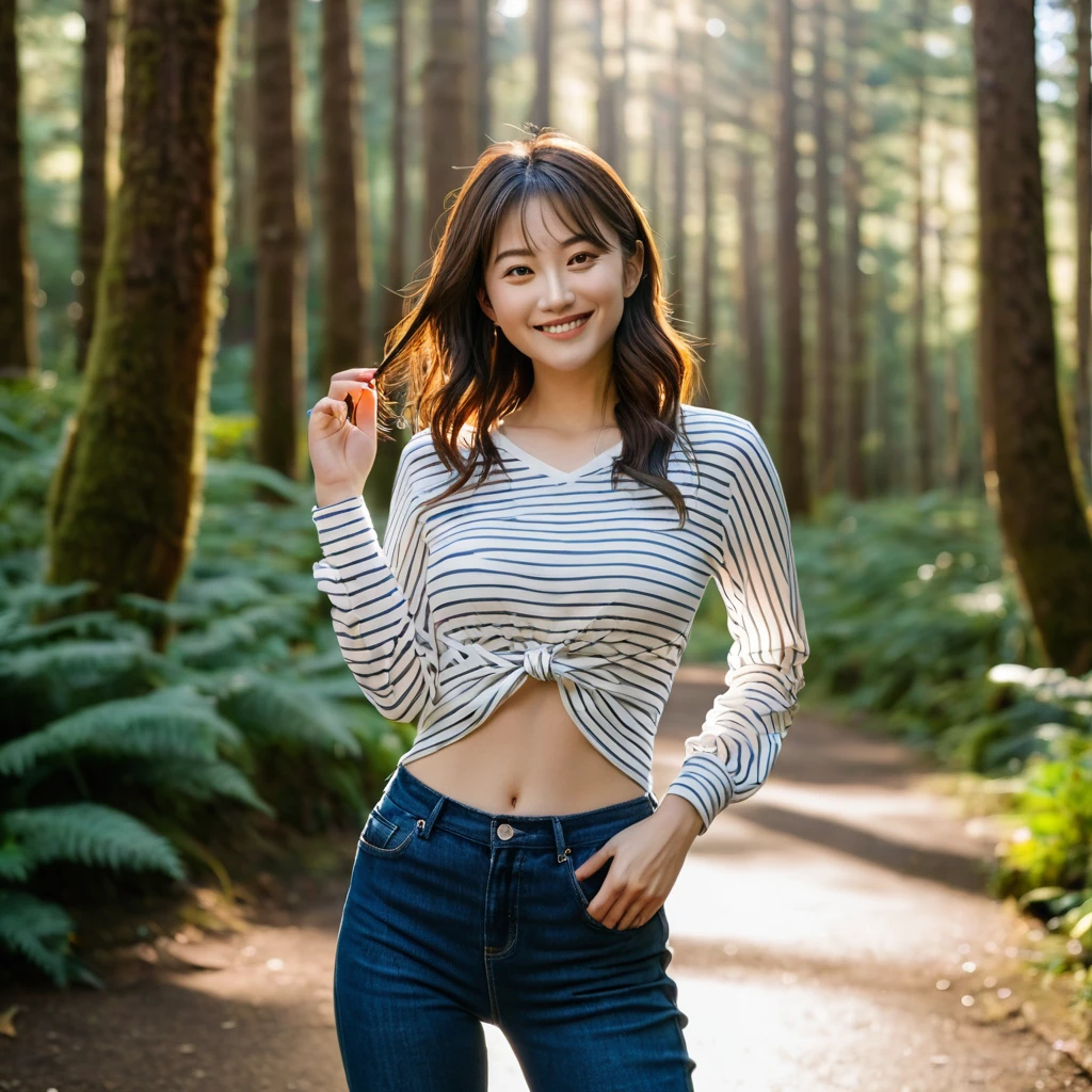 master piece,standing,peace sign,Highest quality,Very detailed,Nikon D850 film stock photo, 1 1 1.6 Lenses, Rich colors, Realistic, Cinestill 800, Backlight, Rim Light, Studio Lighting,a girl, one girl,solo focus,alone,8k,raw photo,Japanese women,Age 25,Fair skin,Beautiful eyes,Clear,Detailed eyes,smile,teeth,asymmetrical lob hair(brown),g cup bust,valley,(Striped long sleeve shirt:1.2), Slim fit jeans, Leather sneakers,,White low-top sneakers,background:forest,one girl
