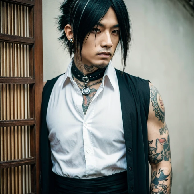 1 man, male, Japanese man, Visual Kai hairstyle, ultra detailed face and body, hyperrealistic, realistic representation, muscular, broad shoulders, tattoos gothic style, piercings, Visual Kei style, hairstyle Visual Kei, blond, long hair, 40 years old, age 40, outfit gothic streampunk, men's shirt and black pants, Asian eyes, eyes Asian, Visual Kei hairstyle 