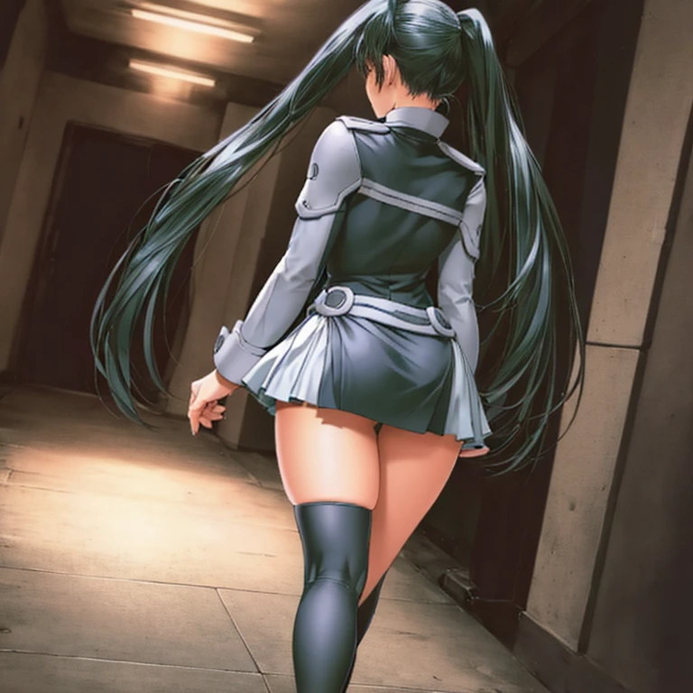 Lenalee, with her long, beautiful legs and twin tails, is walking down a dimly lit hallway in a miniskirt uniform and knee socks.。Angle seen from behind and far away。