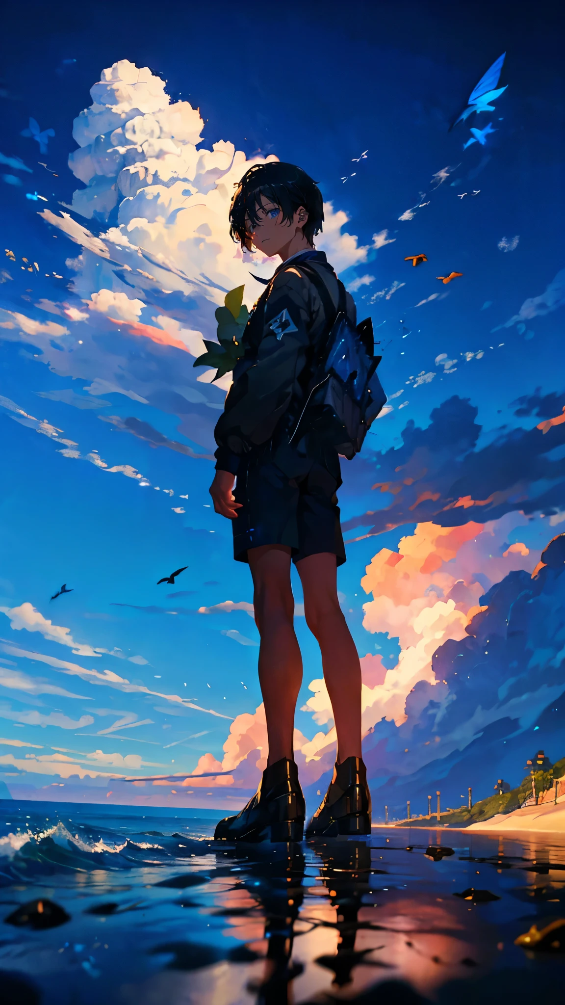 (Mastepiece), (Best Quality), Very detailed, (1 boy:1.5), (Full body solo shot:1.4), Perfect Face, Beautiful Boy, Very detailedな顔，(Black short hair:1.5)，(blue eyes:1.4)，(short pants:1.4)、(Lots of butterflies々:1.4)、bird、(Ocean、Unmanned stations、train:1.5)、(cumulonimbus、blue sky:1.4)、mysterious、Fantasy、beautiful、Beautiful Landscape