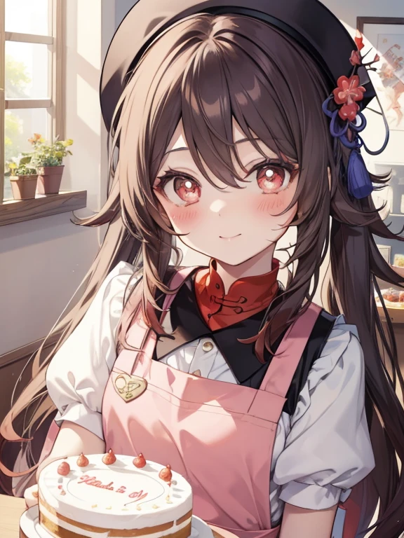 Hu Tao 、Good looking girl (blush, perfect face), independent , looking at camera, masterpiece, anime art style, cute characters, most detailed, high quality、Nico Nico Smile、birthday cake、happy birthday、wear an apron at home