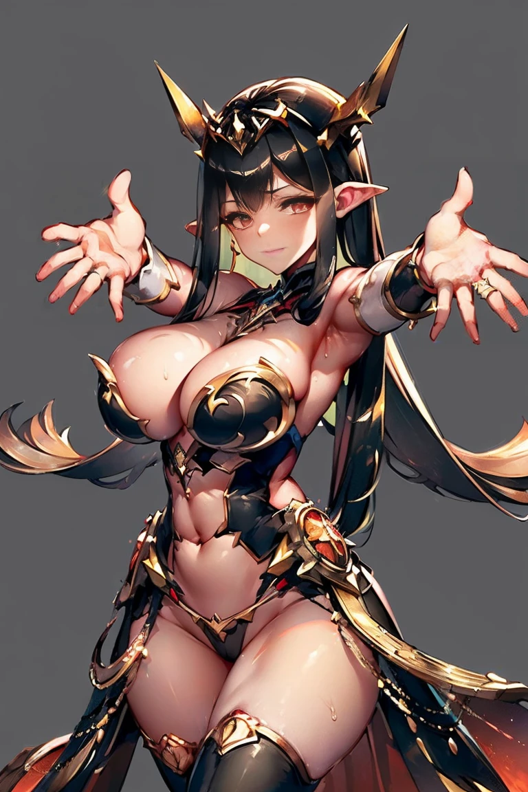 ((((((outstretched hands, out stretched fingers, outstretched arms)))))) black hair, bare shoulder, red eyes, very long hair, cleavage, large breasts, dress, showgirl skirt, high-leg, cleavage cutout, tiara, bare thighs, gauntlets, bare shoulder, spread fingers, bare fingers, bare hands, good hands, best hands, Correctly aligned fingers, extremely detailed hands and fingers, ultra detailed hands and fingers, super detailed hands and fingers, perfect hands and fingers, biologically accurate hands and fingers, (((4 fingers and 1 thumb accurate hands and fingers))), beautiful hands and fingers, hands and fingers drawing, human hand and fingers, perfect arrangement of fingers, detail focus hands, detail focus fingers, perfection hands, better hands, adult face, fearless face, (((both arms, two arms, both hands, two hands))), super fine illustration, masterpiece, masterwork, by famous artist, official art, ultra high res, best quality, high quality, Hand, detailed, perfect, perfection , hands, both hands is Thumb and index finger and middle finger and ring finger and little finger, even hands, panties, thighhighs, symmetrical bangs, gleaming skin, oil skin, shiny skin, wet skin, sweat, rouge, exquisite, beautiful, extremely detailed cg unity 8k wall paper, perfect face, ultra detailed beautiful face, perfect nose, perfect mouth, clear eyes, light eyes, perfect eyes, symmetrical eyes, even eyes, 16k portrait, absurdres, perfect body, perfect anatomy, perfect proportion, perfect arms, perfect torso, symmetrical hands, symmetrical arms, open arms for viewer, extremely detailed cg, beautiful artwork, production art, ultra quality, high quality, finely detailed, insanely detailed, absolutely resolution, raw photo, fantastic, amazing, beautiful portrait of cute anime girls, hdr, very aesthetic, cinematic, super detailed skin, top quality, intricate, professional quality, highly detailed, crisp quality, sharp focus, rich contrast, extremely high resolution, realistic hands,