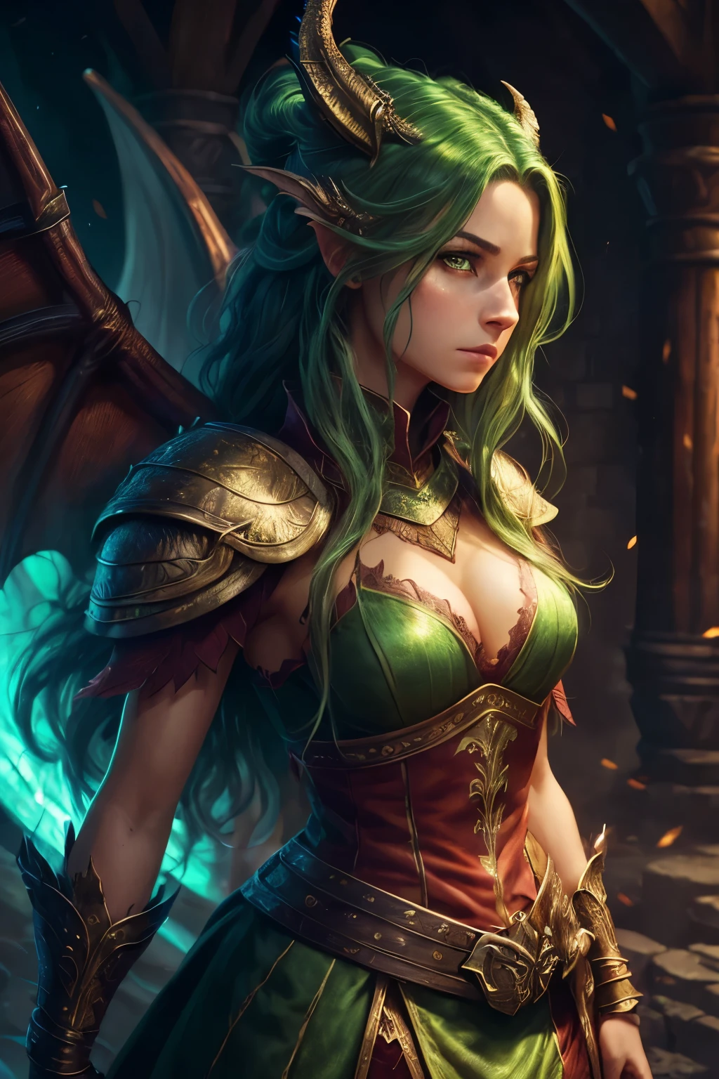 (masterpiece), (best quality), (ultra detailed),(disheveled hair),(illustration),Dragonborn, female dragon, red skin, medieval dress, green eyes, volumous hair, medium wings, sexy withouth being flashy