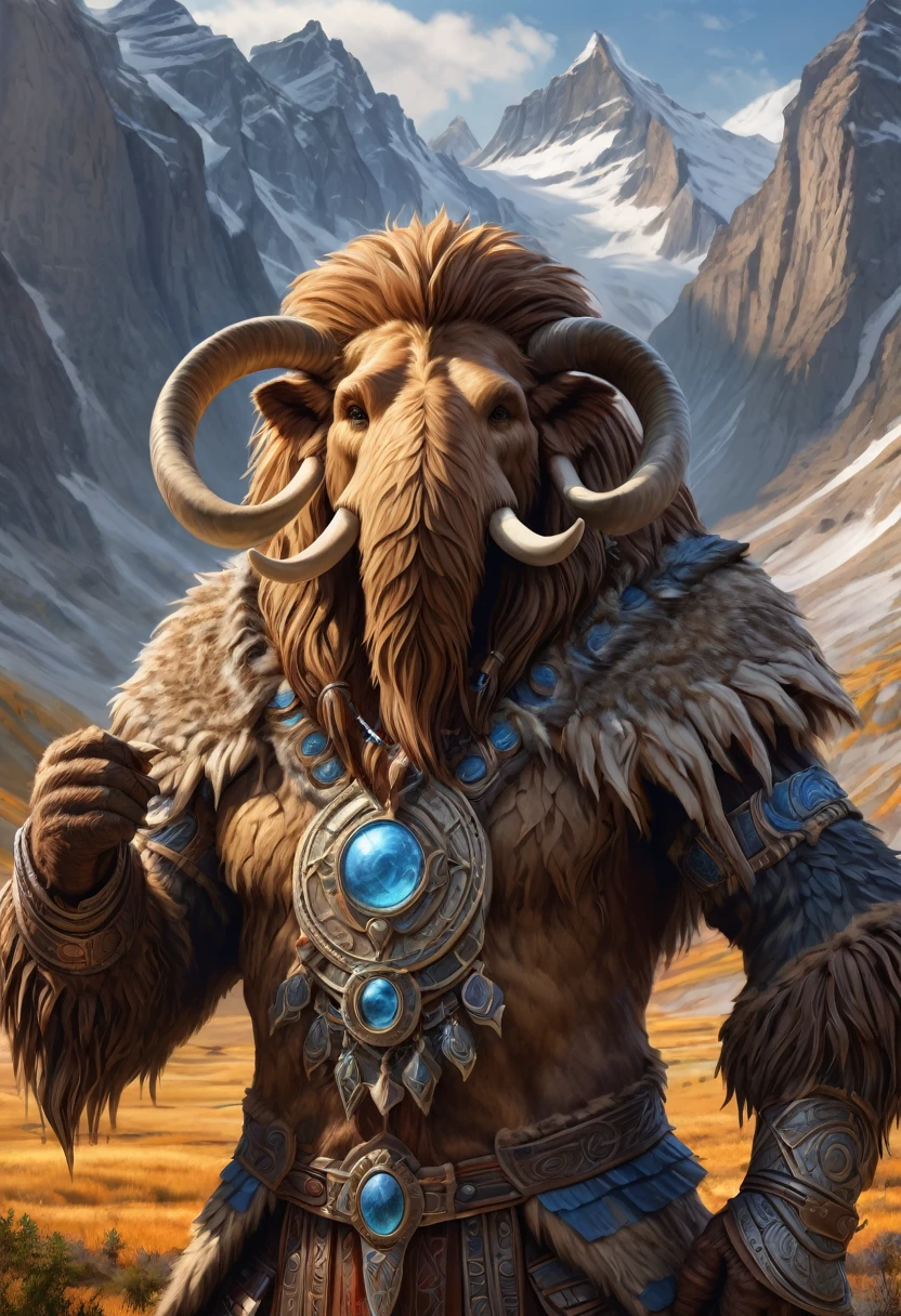 Anthropomorphic wolly mammoth mage. Official Art – Charecter profile. An Award-Winning Digital Masterpiece In 4K Ultra HD, Extreme Detail And Intricate Realism. Symmetrical Face. This Concept Art Brought To Life By The Hands Of Artists Like Wlop & Artgerm In A Stunning 2D Vector Illustration.Background Is A Panoramic Vista.