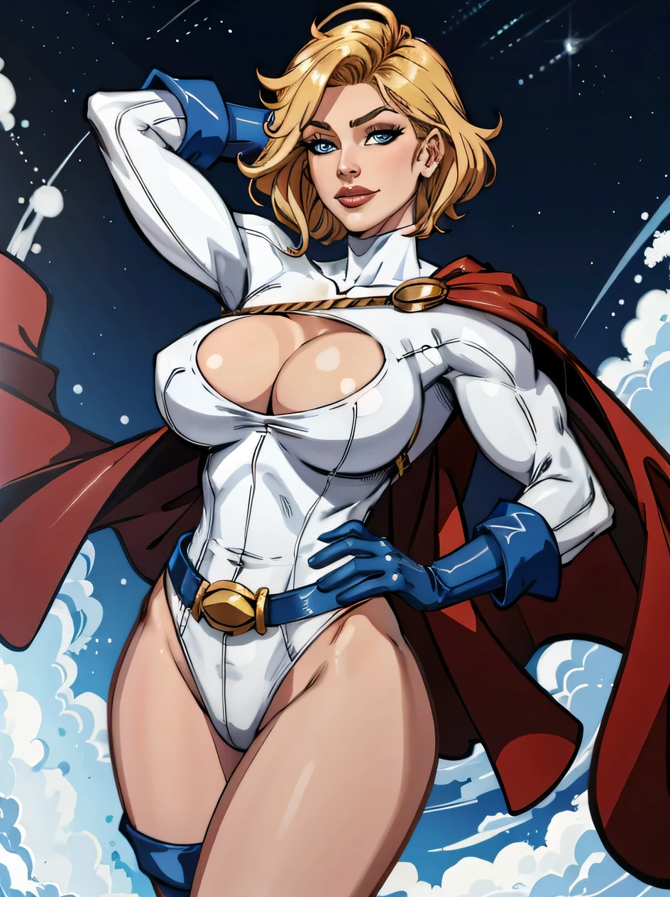 (Artwork:1.2, best quality:1.2, appealing, high qualiy, high resolution:1.1, aesthetics), detailded, extremely detailded, soft ambient lighting, 4K, perfect lighting,
animated cartoon_CC_mighty_ownwaifu, www.ownwaifu.showcasing,
breast out, hair blonde, blue colored eyes, large breast out, shorth hair, lips, thick-thighs, make up, lipstick, muscular, muscular female, thick thick-thighs, huge breast out, red lips, crotch, curved,
necklase, necklase cutout, clothing cutout, Super heroi, waist belt, blue gloves, red robe, collant branco, leg high leotard, leg high, loose waist belt, high collar,