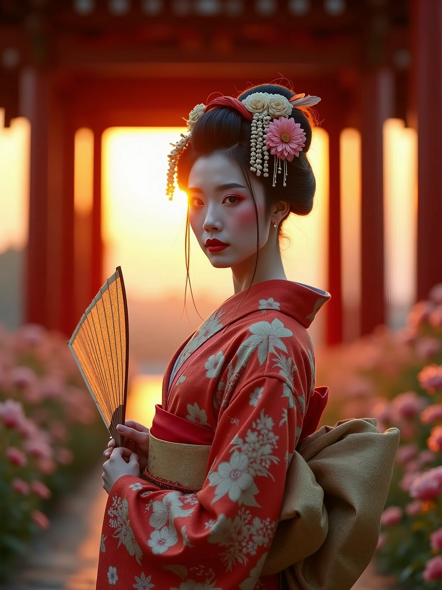 ((masterpiece, 8K, best quality, high resolution:1.3)), (an editorial portrait of a Japanese geisha wearing traditional clothing:1.2), (she is in a temple:1.2), (it is sunset and the light is hitting her from the side:1.2), (the place is filled with flowers:1.2), (her face has delicate and refined features:1.2), (her hair is styled in a traditional updo:1.2), (her makeup is intricate and elegant:1.2), (her kimono is beautifully patterned and colorful:1.2), (she is holding a traditional fan:1.2), (her pose is graceful and poised:1.2), (Sony A7R IV camera, perfect for capturing the detail and beauty of the scene:1.2), (paired with the Sony FE 85mm f/1.4 GM lens:1.2), (the scene is illuminated with soft, warm sunset light:1.2), (her confident and serene expression showcasing her natural elegance:1.2), (a moment frozen in time, capturing the essence of traditional Japanese beauty and serenity:1.3), (ultra photorealistic, highlighting her features and the stunning temple setting:1.3), (an image that transports viewers to a captivating and peaceful moment:1.2), (a scene that exemplifies the beauty of Japanese culture in a traditional context:1.2), Cinematic, Hyper-detailed, insane details, Beautifully color graded, Cinematic Lightning, Insanely detailed and intricate, Hyper maximalist, Volumetric, Full color, HDR, shallow depth of field, high budget Hollywood film, cinemascope, moody, epic, gorgeous