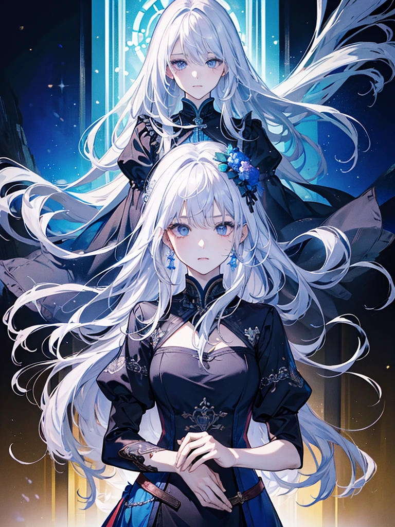((Highest quality)), ((masterpiece)), (detailed)、((Couple))、Silver-haired, blue-eyed man、A girl with long hair and brown eyes、Background is white、Men are handsome、Women are cute、breast enhancement、Perfect body