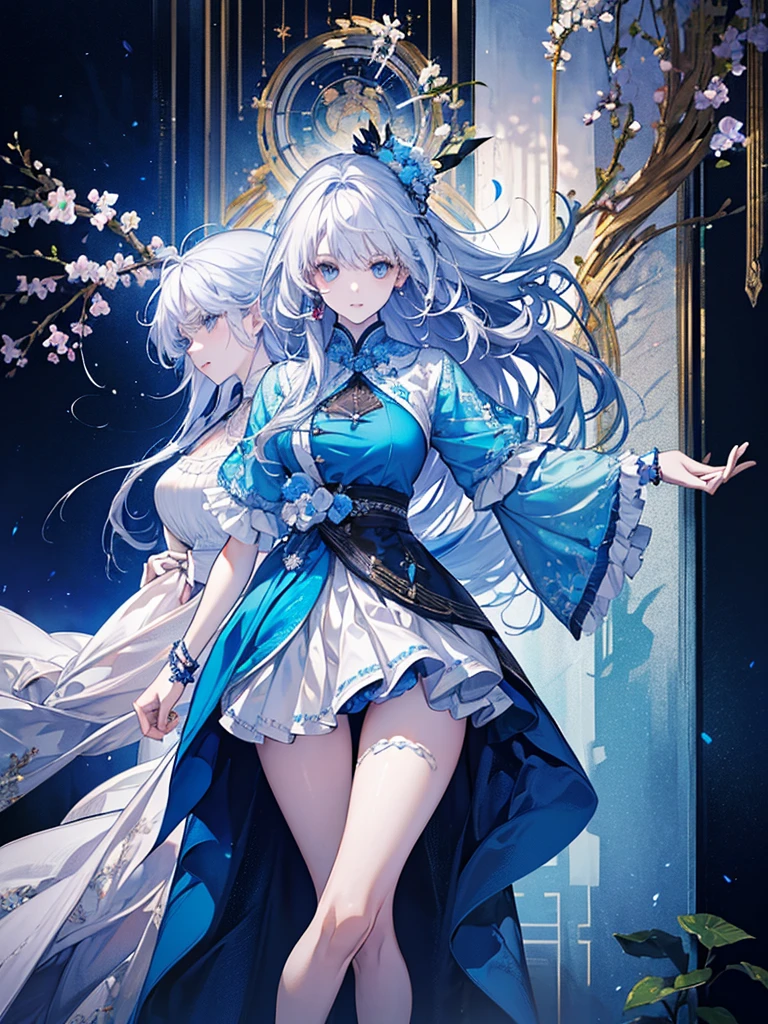 ((Highest quality)), ((masterpiece)), (detailed)、((Couple))、Silver-haired, blue-eyed man、A girl with long hair and brown eyes、Background is white、Men are handsome、Women are cute、breast enhancement、Perfect body