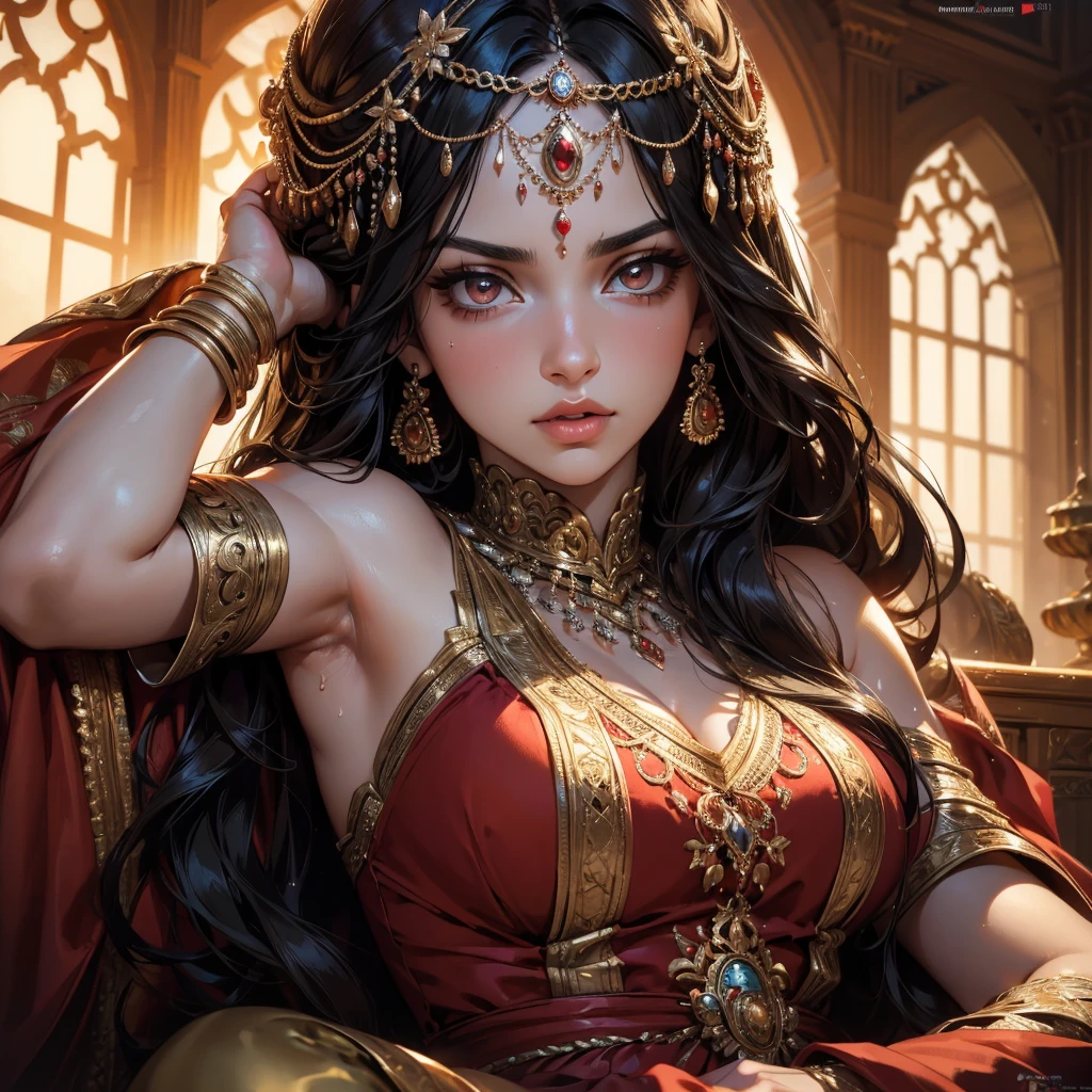 1 beautiful Persian princess wearing a fitted red sharara, long wavy black hair, visible sweaty armpits, entire body covered glistening sweat, big breasts, fully body visible , white skin, detailed facial features, beautiful detailed eyes, beautiful detailed lips, extremely detailed eyes and face, long eyelashes, portrait, (best quality,4k,8k,highres,masterpiece:1.2),ultra-detailed,(realistic,photorealistic,photo-realistic:1.37),dramatic lighting, warm color tones, vibrant colors
