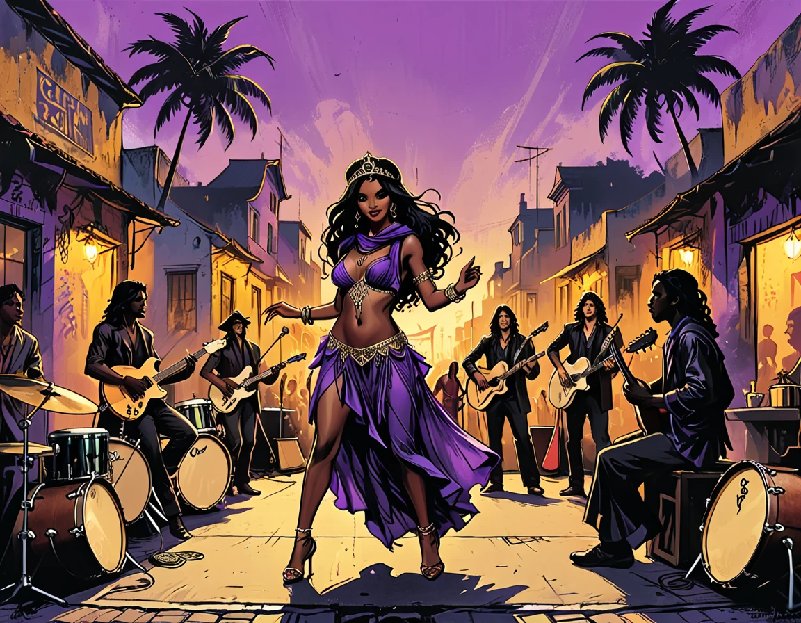 city square, (gypsy dancing,black long Waves hair, black eyes, Fleshy nose, Thin nude Lips, dark makeup,(jewelry), ((tiara)), ((dark violet hood)), wearing intricate violet clothes, shawl, dark skin, mole under eye, gypsy dress, )
stage, a high stage on the street on which a gypsy dances and a music band plays, street, people looking at the stage, tropical street, palm trees, musician with a guitar, musician on drums,  graphic style of novel comics, 2d, 8k, hyperrealism, masterpiece, high resolution, best quality, ultra-detailed, super realistic, Hyperrealistic art, high-quality, ultra high res, highest detailed, lot of details, Extremely high-resolution details, incredibly lifelike, colourful, soft cinematic light,