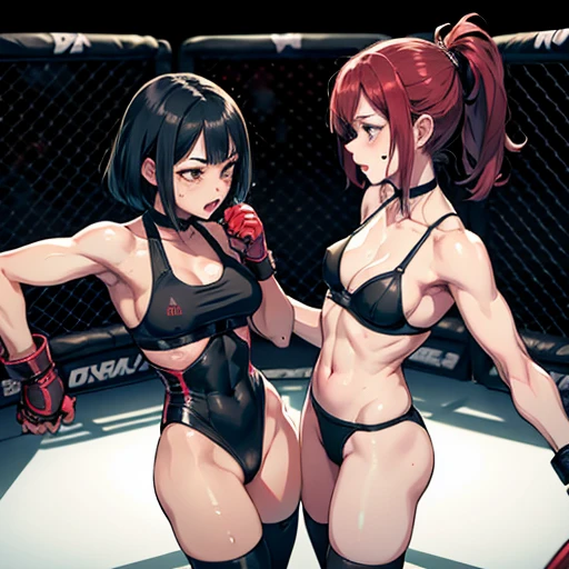 whole body picture. two female fighters are face to face. They are banging their punches against their opponents. They trade dynamic punches with each other. a bloody beautiful Japanese female fighters are fighting survival in the octagon ring. Blood is dripping from her nose. She is covered in scars and bruises. she is damaged terribry. Short-cut black hair, out of breath, drooling from mouth, one eye closd, exhausted, drenched in sweat. Erect nipples. open finger glove. high-leg leotard. bikini panties. sports-bra. Stockings. arm warmers. Excellent proportion body.