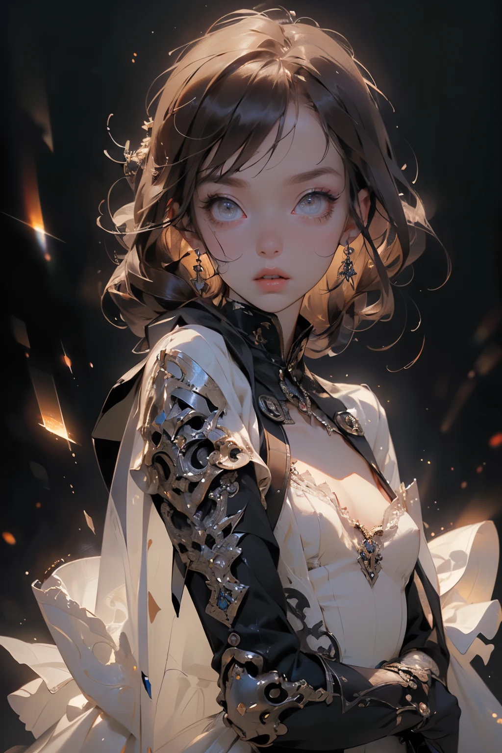 (((masterpiece, of the highest quality, super detailed))), (a female knight of an occult order), ((((a floating sword with a digital glitch-like effect to the blade as though it is rapidly flickering in and out of reality, with a very slight warping effect around it similar to gravitational lensing, is next to her)))), Edwardian/Victorian era inspired, ((minimal but intricate beautiful armour)), Fluttering lace flared dress with frilly petticoats, ((((Highly detailed face))), (((Very sharp focused eyes))), very long eyelashes, small breasts, (((flat chest:1.1))), occult aesthetic, (red and white clothing detailed and intricate steampunk and detailed gothic), (with a hood), complex lace boots