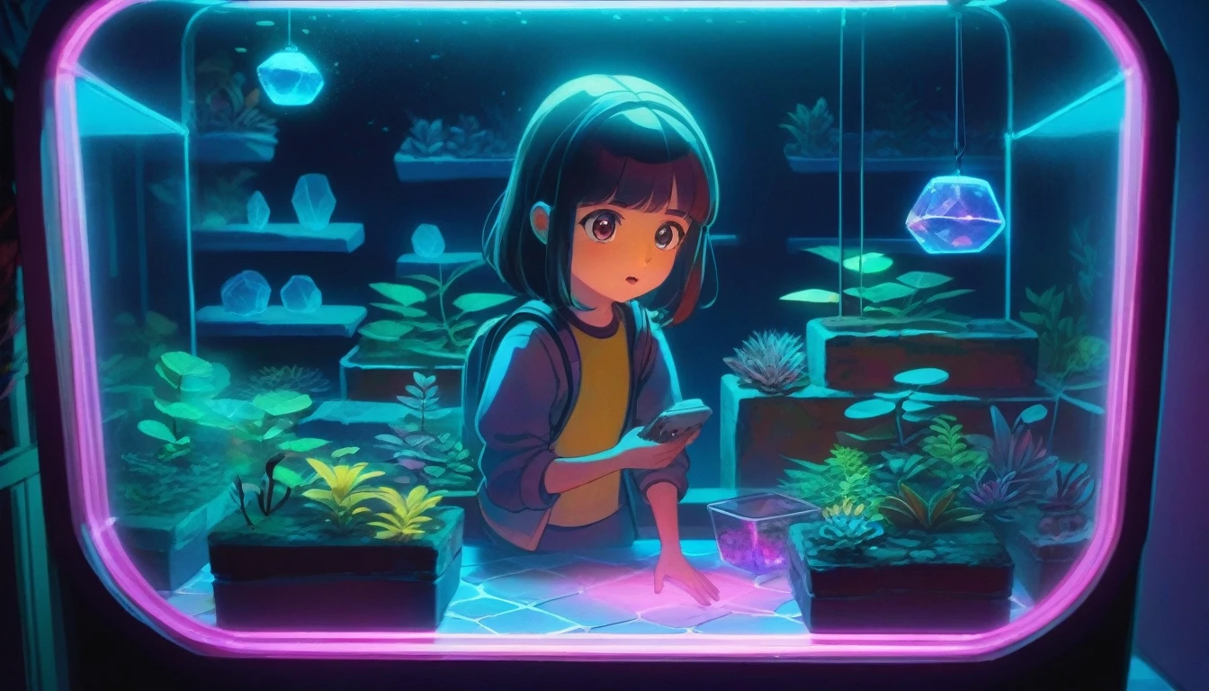 a girl look A square rounded edged terrarium, hall full of warter, with a rock inside, metalic neon lights