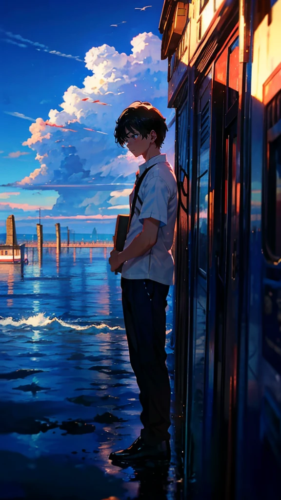 (Mastepiece), (Best Quality), Very detailed, (1 boy:1.5), (Full body solo shot:1.4), Perfect Face, Beautiful Boy, Very detailedな顔,(Black short hair:1.5),(blue eyes:1.4),(Short sleeve white shirt:1.4)、(High school boys:1.4)、bird、(Station with sea view、train:1.5)、(summer、cumulonimbus、blue sky:1.4)、mysterious、Fantasy、beautiful、Beautiful Landscape