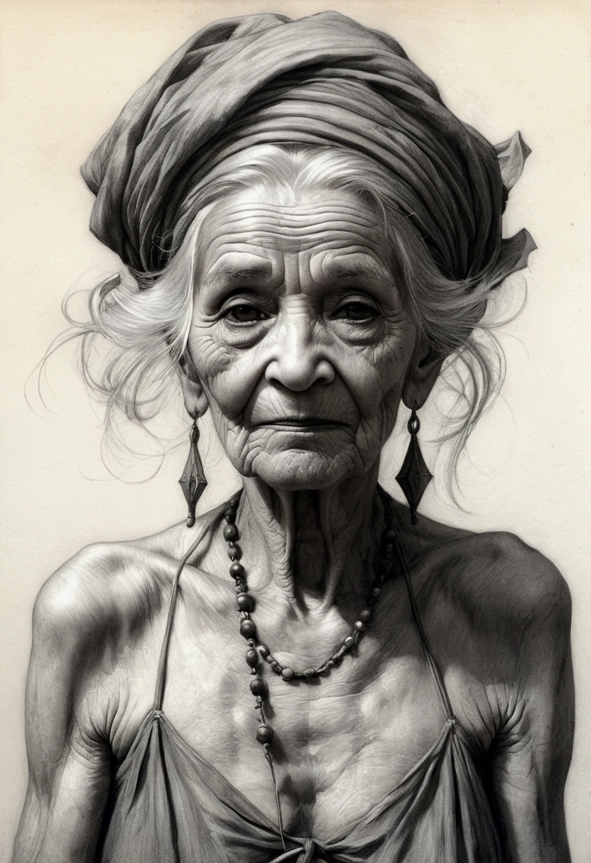 Detailed charcoal drawing in the style of Viktor Miller-Gausa, Ross Tran, Brian froud, tom bagshaw of a gentle elderly woman, with soft and intricate shading in her wrinkled face, capturing the weathered beauty of a long and fulfilling life, wearing thin bikini, full body