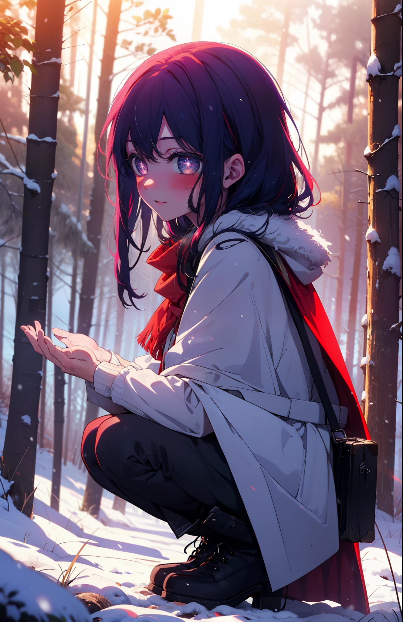 aihoshino, Ai Hoshino, Long Hair, bangs, (Purple eyes:1.1), Purple Hair, (Symbol-shaped pupil:1.5), smile,,smile,blush,white breath,
Open your mouth,snow,Ground bonfire, Outdoor, boots, snowing, From the side, wood, suitcase, Cape, Blurred, , forest, White handbag, nature, Squat, Mouth closed, Cape, winter, Written boundary depth, Black shoes, red Cape break looking at viewer, Upper Body, whole body, break Outdoor, forest, nature, break (masterpiece:1.2), Highest quality, High resolution, unity 8k wallpaper, (shape:0.8), (Beautiful and beautiful eyes:1.6), Highly detailed face, Perfect lighting, Extremely detailed CG, (Perfect hands, Perfect Anatomy),
