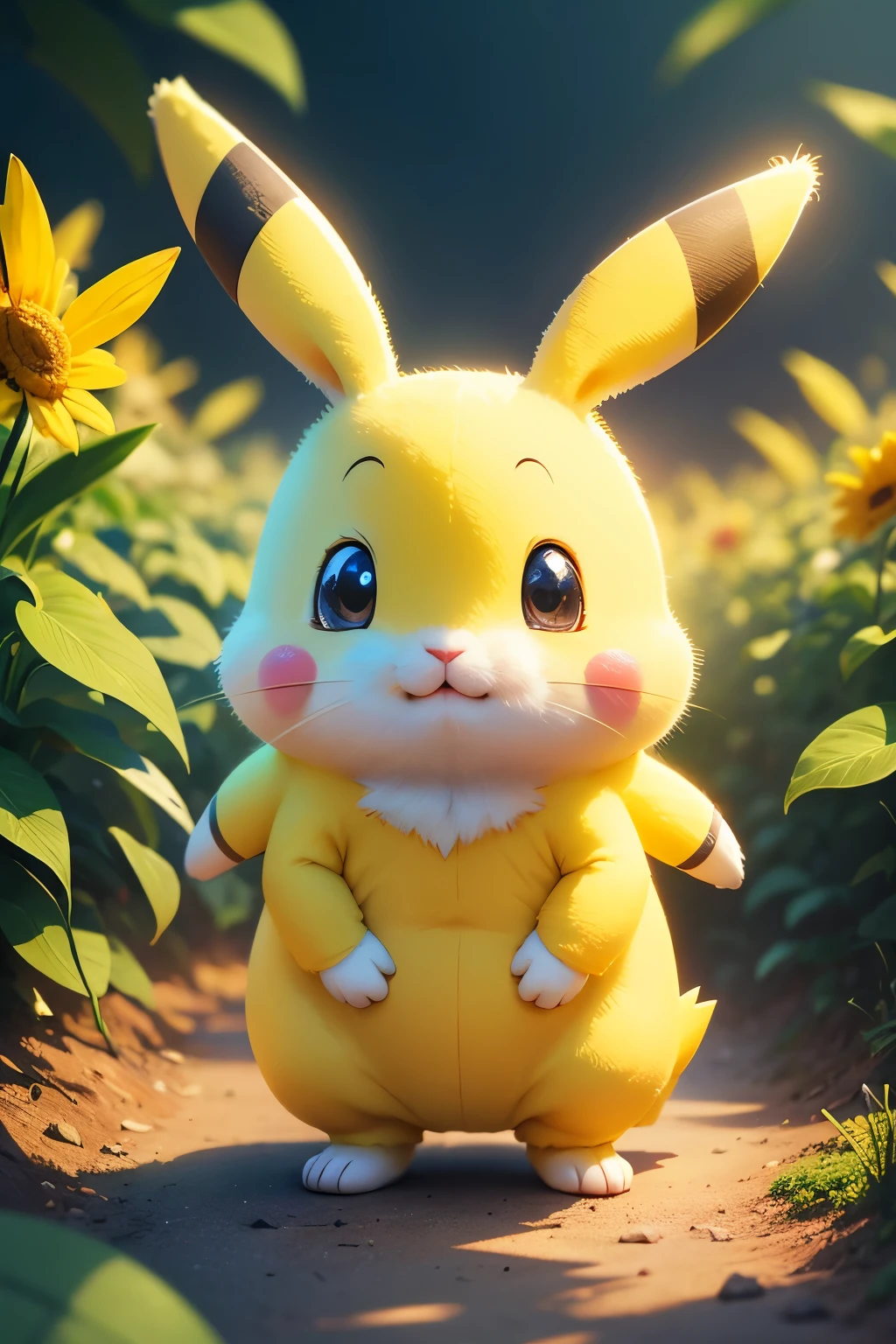 White, little cute bunny rabbit, wearing a pikachu costume, concept art, cartoon character, bright lighting, vivid colors, disney and pixar style, head tilted showing curiosity, tilted head, smirking expression, smiling, cute eyes, in nature