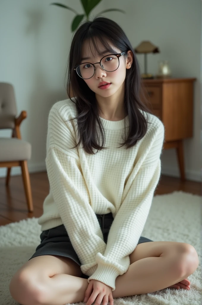 Highest quality、masterpiece、High sensitivity、High resolution、Detailed Description、Slender women、Bewitching Mature Woman、Glasses、Lace skirt、Summer Cardigan、Wearing Sandals、Sit down、At the doorstep、