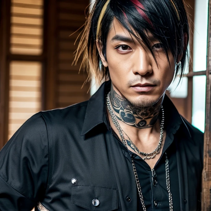 1 man, male, Japanese man, Visual Kai hairstyle, ultra detailed face and body, hyperrealistic, realistic representation, muscular, broad shoulders, tattoos gothic style, piercings, Visual Kei style, hairstyle Visual Kei, blond, long hair, 40 years old, age 40, outfit gothic streampunk, men's shirt and black pants, Asian eyes, eyes Asian, Visual Kei hairstyle 