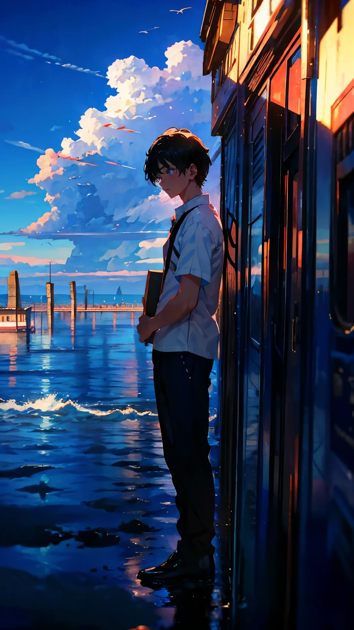 (Mastepiece), (Best Quality), Very detailed, (1 boy:1.5), (Full body solo shot:1.4), Perfect Face, Beautiful Boy, Very detailedな顔,(Black short hair:1.5),(blue eyes:1.4),(Short sleeve white shirt:1.4)、(High school boys:1.4)、bird、(Station with sea view、train:1.5)、(summer、cumulonimbus、blue sky:1.4)、mysterious、Fantasy、beautiful、Beautiful Landscape