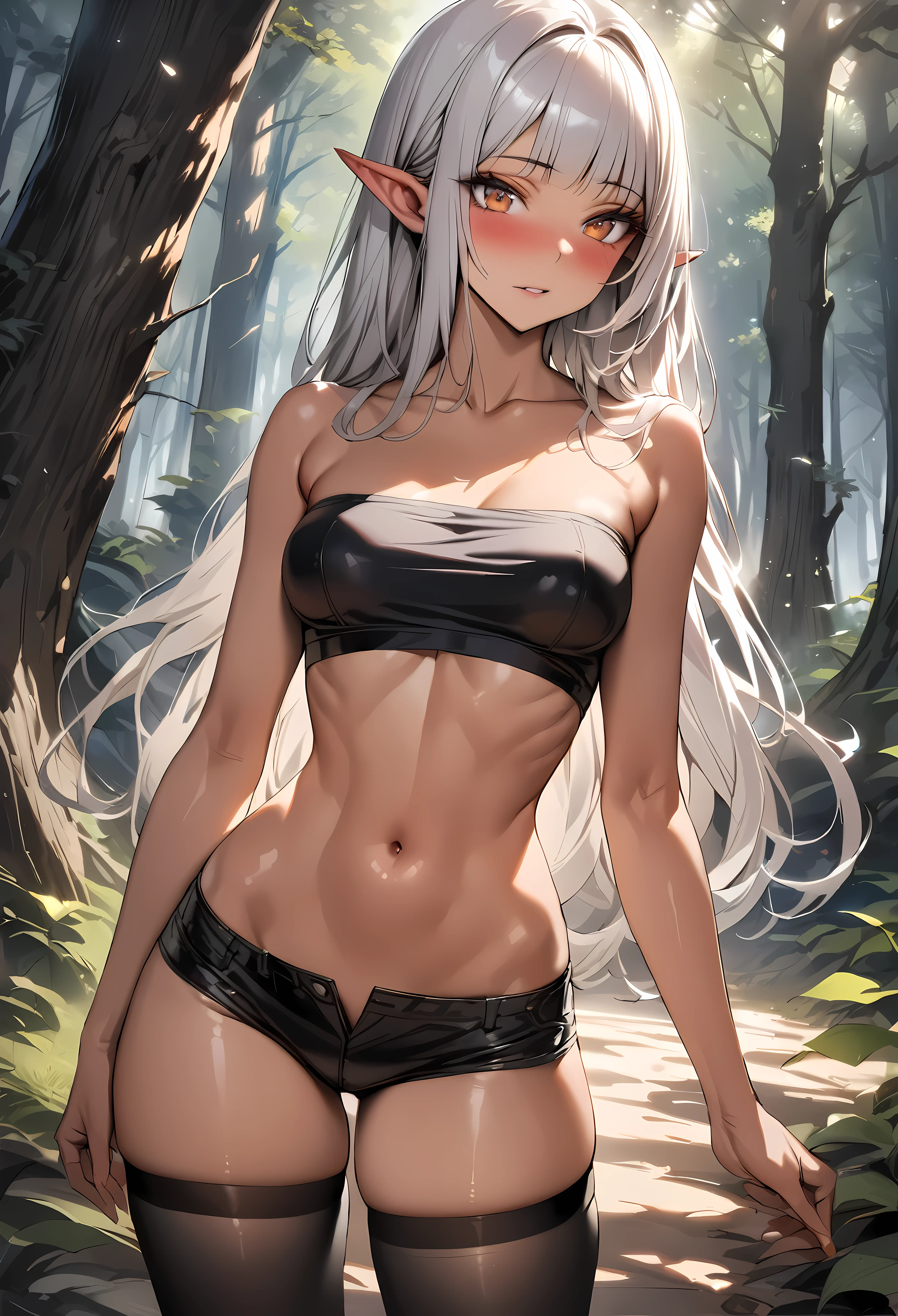 ((masterpiece,best quality anime,Highest quality:1.3)),realistic,cowboy shot,(Mature Beauty),1 Dark Elf woman、solo,((very small head:1.4)),ideal ratio body proportions,(tan skin,elf ear),Silver Hair,bangs,straight long hair,gorgeous big eyes,brown eyes,blush,(Assassin Outfit、Black tube top shirt、clavicle、navel、Black micro shorts、black_thighhighs),((slender body,skinny,toned body)),medium breasts,naked,gleaming skin,shiny skin,standing,forest、Trees、Fantasy World、