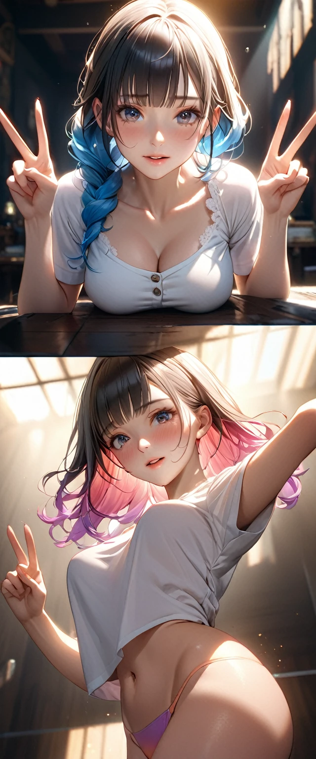 Masterpiece、最high quality、high quality、High definition、High resolution、High detail、Lens flare、Ray tracing method、high qualityの質感、high qualityの影、Beautiful details、Detailed and delicate、Detailed texture、Realistic facial expression、Realistic and colorful、Delicate、Cinematic Light、Side light、Sharp Focus、(1 woman:1.3)、(Intricate details、Makeup、Pure Eros Face_v1:0.5)、(Details Beautiful delicate face、Detailed beautiful delicate eyes、Perfect Facial Proportions、Detailed skin、Charm)、fancy hairstyles、Beautiful bangs、(Two-tone gradient hair color）、slender、(Upturned beautiful breasts)、Raise your arm and make a peace sign、(Detailed crotch、Showing off your crotch)、Female juice、((Experiencing the best orgasm))、(Light-colored V-cut、Light-colored thong)、(Thigh mini skirt、Low-rise mini skirt)、(Front-button short-sleeve shirt、Crop top)、(The wind blows and sways、 roll up)、Low-angle composition