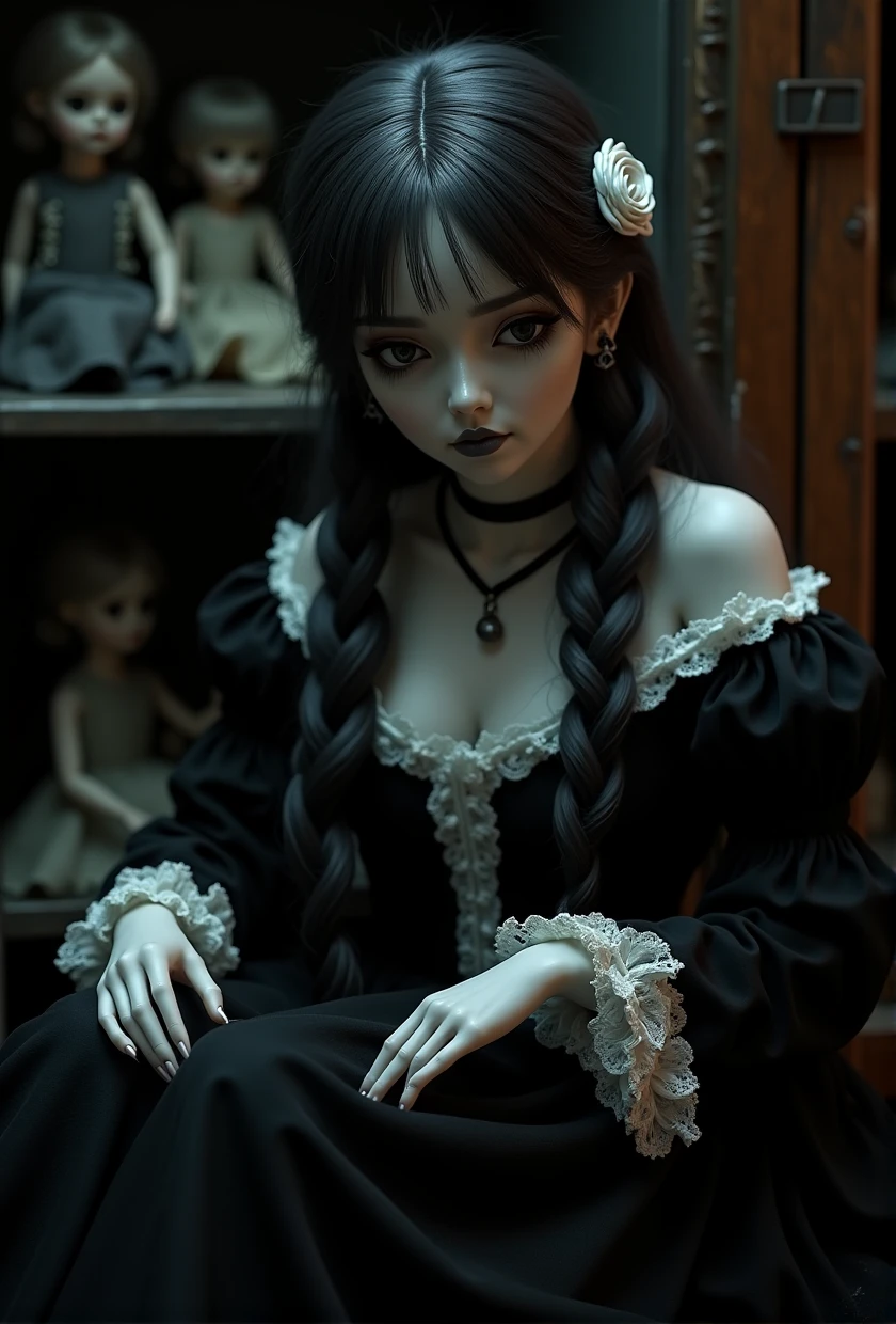 1porcelain doll, low twintails with white rose, black hair, detailed face, ((emotionless expression)), ((lifeless)), plain white skin, plain white eyes, long eyelashes, (gaze down), black eye liner, white face makeup, gray lipstick, black dress, (white ornate), medieval theme, (dark horror theme), cold lighting, white lighting, (dust), sitting lean on the wall, (tilt head), (sitting in dark conner of doll shop), (doll shelf), porcelain doll, (masterpiece:1.2), super detailed, best quality