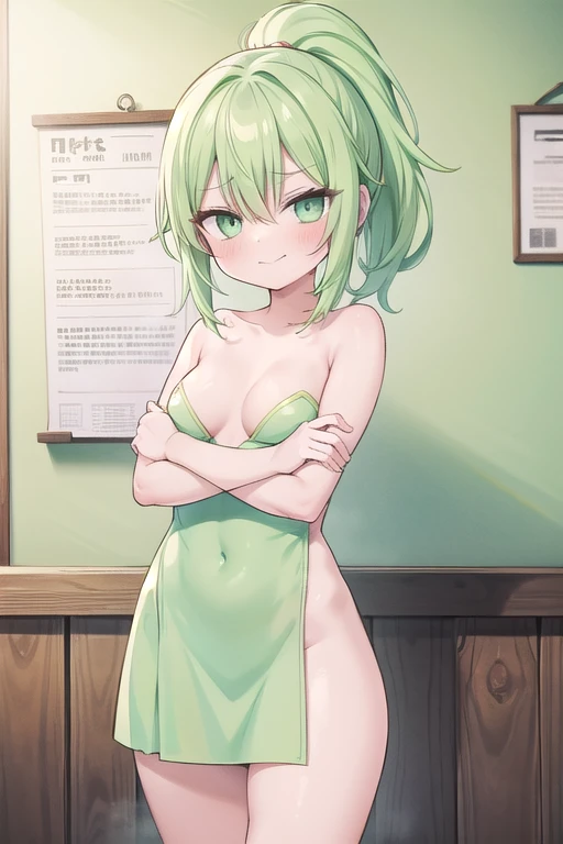 1 Cute naughty mage girl, Pastel colors hair, small breasts, Thighs, lime green hair, (naked:1.2), high ponytail, medium hair, standard height, (disdain:1.3, jitome, simple dead eyes, droopy eyes, smirk, sleepy), at the adventurer's guild, A bulletin board with posted paper, nfsw, sweat, (cum in vaginal:1.3), vaginal sex