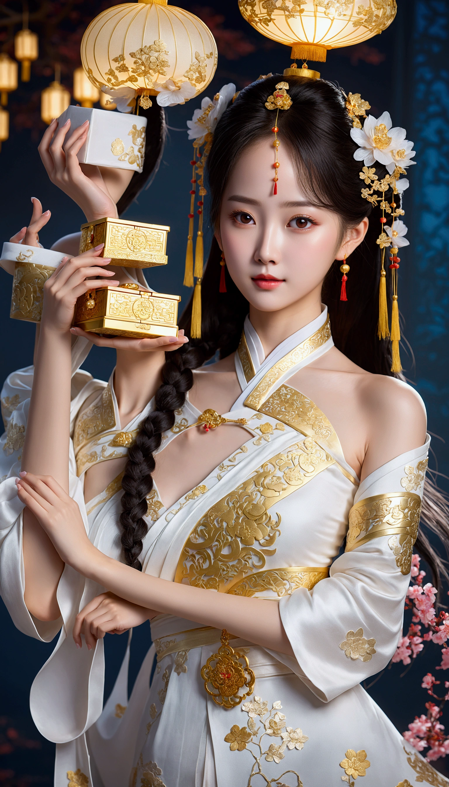 A woman in a white dress holds a gold box, palace ， Girl wearing Hanfu, Beautiful fantasy queen, Popular on cgstation, Inspired by Lan Ying, Inspired by Pu Hua, Chinese, artwork in the style of Gu Weiss, Dressed in ancient Chinese costumes, Gu Weiss, Popular on cgstation内容, Chinese Fantasy, Chinese Girl