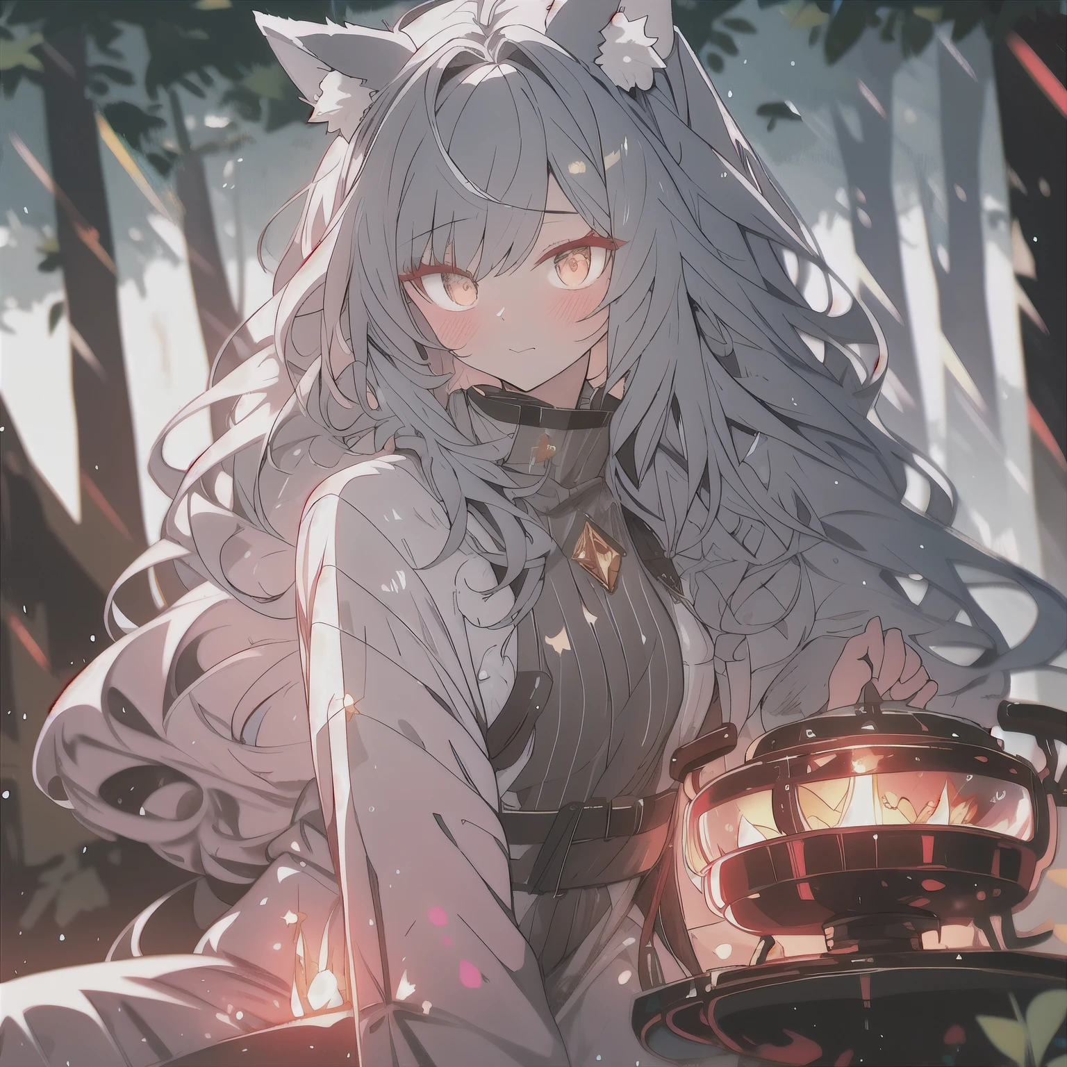 A fantasy female character with gray wolf ears and tail, dressed in animal fur clothing, sits by a campfire in the forest, in a digital painting. She has glowing amber eyes and delicate facial features. Her hands are neatly folded on her lap, and she looks deeply lost in thought. In the background, tall trees shrouded in thick mist and a night sky filled with stars can be seen. The soft, warm light from the campfire adds a magical atmosphere to the scene.