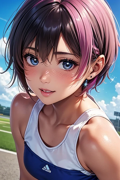 #Basics A girl is posing for a photo, (((One Girl))), (((Baby Face:1.4)) + ((cute:1.4)) + (())),
break
#Clothing Accessories
(track and field athlete) + (Blue sneakers),
break
#Features
((Matte pink hair:1.2)), ((slicked back hair:1.5)), ((Pixie Cut Hair:1.5)),
((Droopy eyes:1.4, Big eyes:1.2), blue eyes), (Small breasts),
break
#background environment
((noon + Sunlit stadium, cumulonimbus + blue sky)),
#Facial Expression Pose
(smile + happy), ((Stand with your feet slightly apart + Relaxed standing + (hand in own hair))),
#composition
((Character Focus), (Angle from the front), (Cowboy Shot)),
break
#Body parts elements
(Slim figure),
(Symmetrical facial features),
(Detailed Hair, Beautiful Hair, Shiny Hair),
(double eyelid, Long eyelashes, Thin eyebrows:0.5),
(Expression of fine eyes, Beautiful and delicate eyes, Sparkling eyes, Eye Reflexes, Glitter Eyeliner),
(Human Ear),
(Beautiful Nose, Thin Nose),
(Glossy Lips, Beautiful Lips, Thick lips),
(Detailed skin, Textured skin, Beautiful Skin, Oily skin),
break
#Quality Image Quality Common
(((Highest quality)), ((masterpiece)), ((Very detailed))), ((Ultra-high resolution)), ((16K, 1080P)), ((Full HD)),
(Anatomically correct), (Realistic), (3DCG), (Oil painting),
((comics, anime)), (CG illustration), (RAW Photos),