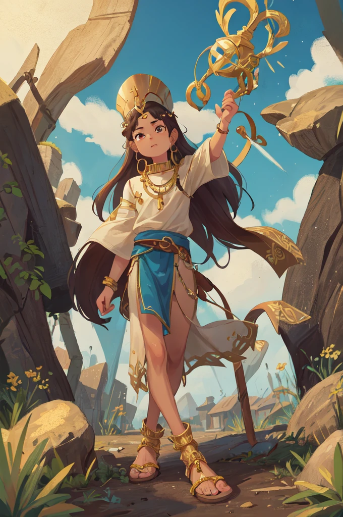 Imagine a pharaoh from the time of Moses in a 2D cartoon style mixed with anime. He wears a gold and blue linen nemes crown with a uraeus serpent in the center. His white tunic, embroidered with gold, is held together by a golden belt with precious stones. He wears leather sandals with gold straps and wears gold bracelets on his arms. In his hands he holds a heqa scepter and a nekhekh whip.