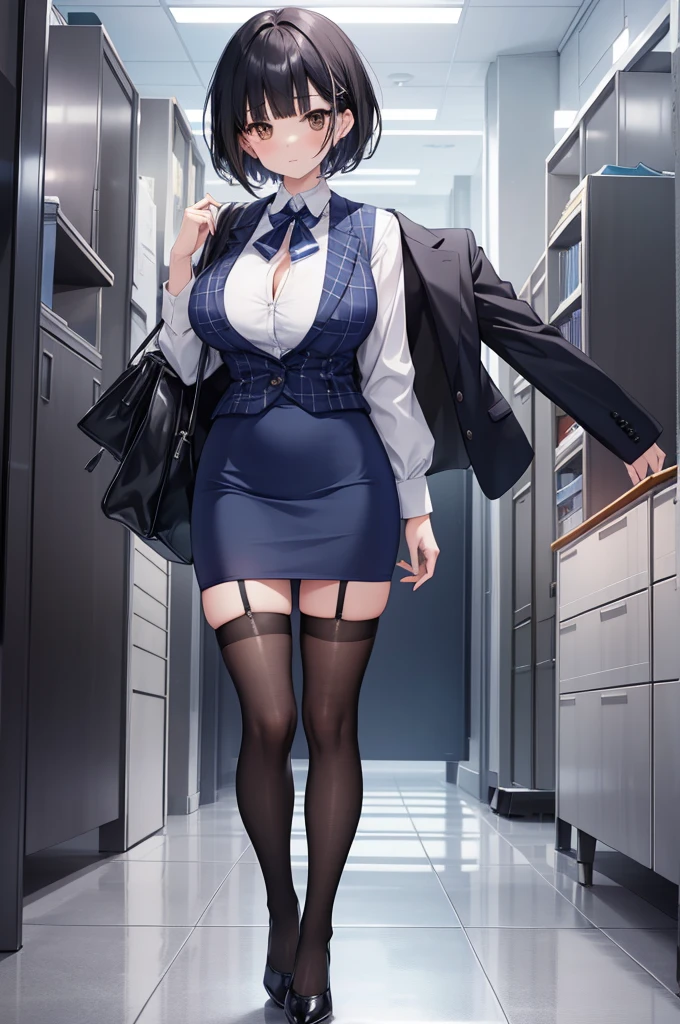 Highest quality, flying debris、Beautiful woman、officeレディー、Black Hair、(Brown eyes、Big Breasts、Blunt bangs)、short hair、チェック柄のダークブルーのofficeスーツ)、new employee,Full Body Shot、Female office lady、break(Dark blue checked vest、White dress shirt、Navy blue long tight pencil skirt:1.2)、(Black knee-highs、High heels)、break(office:1.3)、Cleavage、Shirt buttons fly off、garter belt