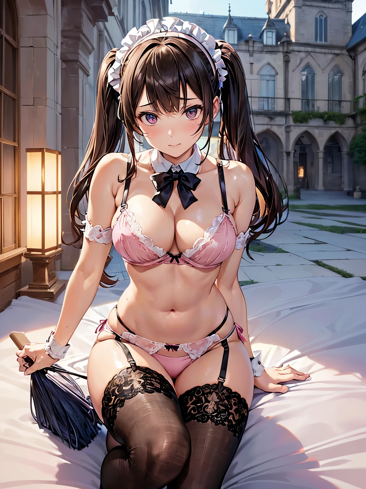 (((masterpiece, Highest quality, High resolution, 超High resolution, Perfect Pixel, Depth of written boundary, 4K, RTTX 10.0))), Beautiful Anime Woman, Beautiful art style, Anime characters, ((Smooth texture, Realistic texture, Anime CG Style)), Perfect and accurate finger count、Exact number of legs、(Exact number of arms:1.0, Exact number of hands:1.0), (Perfect hands, Perfect Anatomy), Cinematic, Realistic, Extremely detailed CG, Perfect lighting, Best Shadow, The best natural light, whole body, Perfect body, バランのとれたPerfect body, Perfectly balanced style, Soft body, ((bangs, Dark brown hair, Twin tails, High Up)), ((A cute adult woman is cleaning with a broom:1.8)), ((Bow tie around neck:1.3), (Sexy and cute pink underwear:1.3), (Stylish shiny pink satin panties, Side-tie pink panties, Panties with plain pink center and lace decoration on the sides, Thin pink panties:1.4), (Pink micro lace satin bra, Pink bra with large lace trim around the edges, Open cup pink bra, Gorgeous pink bra with lace, Thin bra:1.4), (lace garter belt, Garter Strings, Knee socks:1.3):1.3), (Beautiful big boobs:1.1), (Embarrassed expression:1.7), blush, (Western-style building in the Middle Ages, courtyard, Male butler in the background, Male butlers pay attention to women:1.7), naked, belly button, In underwear, ブラとパンティとガーターベルトとKnee socksのみ, (Frilly maid headband:1.1), Angle from the front