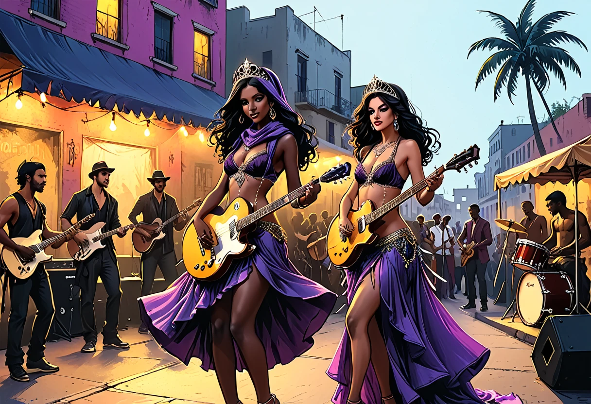 city square, (gypsy dancing,black long Waves hair, black eyes, Fleshy nose, Thin nude Lips, dark makeup,(jewelry), ((tiara)), ((dark violet hood)), wearing intricate violet clothes, shawl, dark skin, mole under eye, gypsy dress, )
stage, a high stage on the street on which a gypsy dances and a music band plays, street, people looking at the stage, tropical street, palm trees, musician with a guitar, musician on drums, graphic style of novel comics, 2d, 8k, hyperrealism, masterpiece, high resolution, best quality, ultra-detailed, super realistic, Hyperrealistic art, high-quality, ultra high res, highest detailed, lot of details, Extremely high-resolution details, incredibly lifelike, colourful, soft cinematic light,