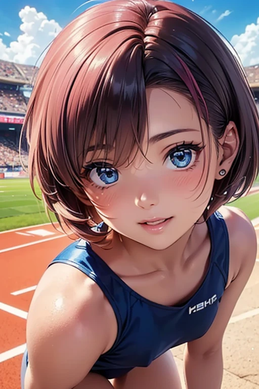 #Basics A girl is posing for a photo, (((One Girl))), (((Baby Face:1.4)) + ((cute:1.4)) + (())),
break
#Clothing Accessories
(track and field athlete) + (Blue sneakers),
break
#Features
((Matte pink hair:1.2)), ((slicked back hair:1.6)), ((Pixie Cut Hair:1.5)),
((Droopy eyes:1.4, Big eyes:1.2), blue eyes), (Small breasts),
break
#background environment
((noon + Sunlit stadium, cumulonimbus + blue sky)),
#Facial Expression Pose
(smile + happy), ((Stand with your feet slightly apart + Relaxed standing + (hand in own hair))),
#composition
((Character Focus), (Angle from the front), (Cowboy Shot)),
break
#Body parts elements
(Slim figure),
(Symmetrical facial features),
(Detailed Hair, Beautiful Hair, Shiny Hair),
(double eyelid, Long eyelashes, Thin eyebrows:0.5),
(Expression of fine eyes, Beautiful and delicate eyes, Sparkling eyes, Eye Reflexes, Glitter Eyeliner),
(Human Ear),
(Beautiful Nose, Thin Nose),
(Glossy Lips, Beautiful Lips, Thick lips),
(Detailed skin, Textured skin, Beautiful Skin, Oily skin),
break
#Quality Image Quality Common
(((Highest quality)), ((masterpiece)), ((Very detailed))), ((Ultra-high resolution)), ((16K, 1080P)), ((Full HD)),
(Anatomically correct), (Realistic), (3DCG), (Oil painting),
((comics, anime)), (CG illustration), (RAW Photos),