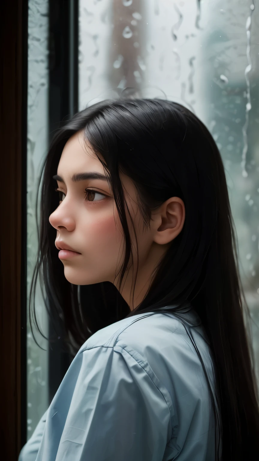((best quality)), ((masterpiece)), (detailed), A close-up of a teenage girl with long black hair looking out a rainy window with a somber expression