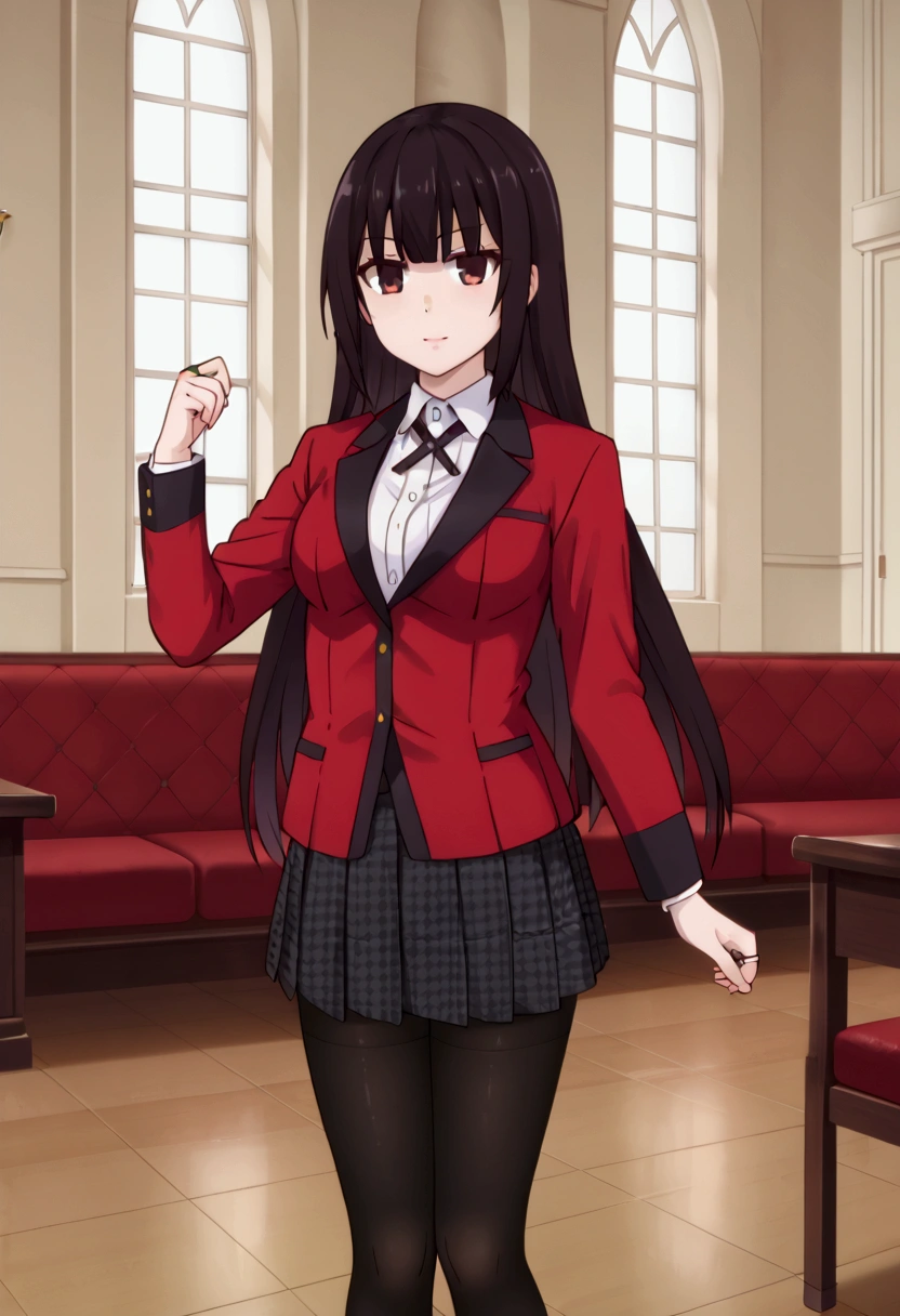 school uniform,red jacket,blazer,white shirt,collared shirt,black ribbon,houndstooth,black pantyhose,thighband pantyhose,pleated skirt,black skirt,thumb ring,