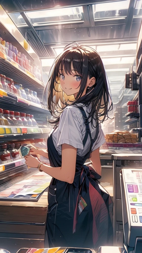 young woman,Facing forward,smile,((Standing inside the cash register)),Touching the cash register machine,Customer Service,((There is a cash register on the table)),(Scanning product barcodes at the cash register)),Supermarket clerk,Wearing an apron,uniform,((Working as a cashier)),((Cashier)),((cashier,register,)),((Receive money from customers)),There are products on the shelves,In the supermarket,Bright interior