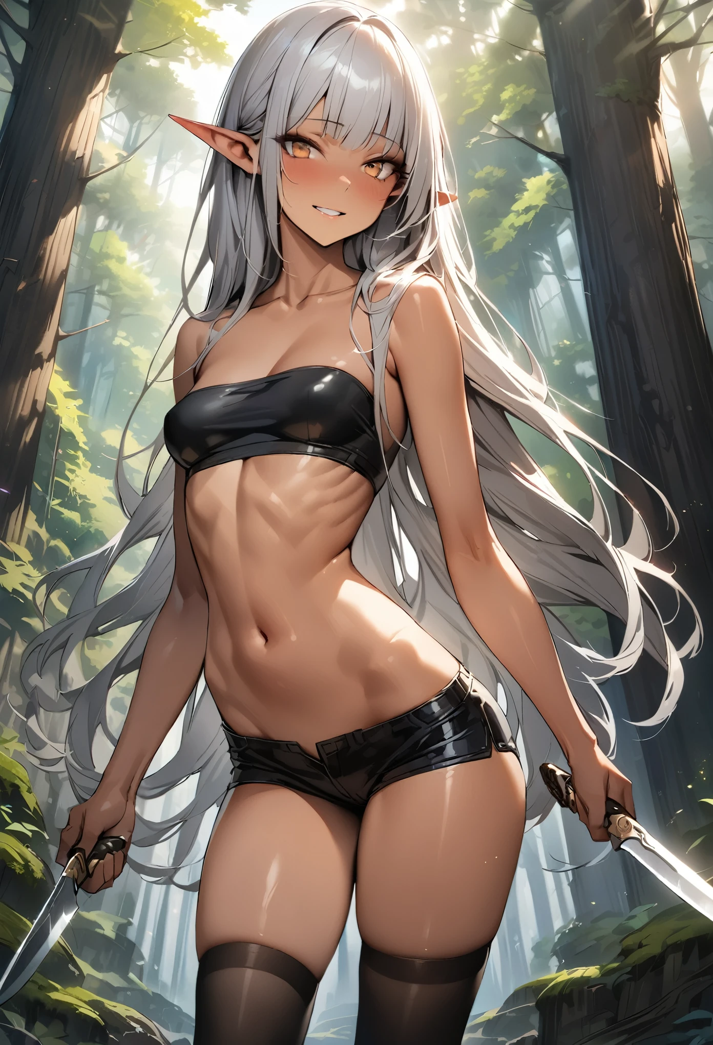 ((masterpiece,best quality anime,Highest quality:1.3)),realistic,cowboy shot,(Mature Beauty),1 Dark Elf woman、独奏,((very small head:1.4)),ideal ratio body proportions,(tan skin,elf ear),Silver Hair,bangs,straight long hair,gorgeous big eyes,brown eyes,Provocative smile,(Assassin Outfit、Black tube top shirt、clavicle、navel、Black micro shorts、black_thighhighs、Holding a big knife),Black cloak、((slender body,skinny,toned body)),medium breasts,naked,gleaming skin,shiny skin,standing,forest、Trees、Fantasy World、