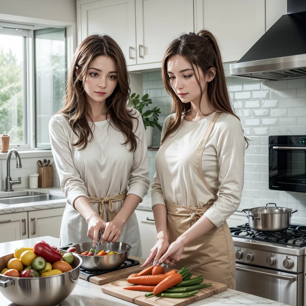 Create a highly detailed and realistic image of a mother aged 45 years old, engaging in cooking activities with a lot of mixers and cookwares in a modern kitchen. She should have medium-length, wavy brown hair and be wearing a casual yet stylish outfit consisting of a fitted, light red blouse and white jeans. The woman should appear focused and content as she uses various kitchen utensils. The kitchen should be bright and spacious with a contemporary design, featuring stainless steel appliances, white marble countertops, and light wooden cabinets. On the counter in front of her, there should be a cutting board with freshly chopped vegetables, including vibrant red bell peppers, green cucumbers, and yellow carrots. Next to her, place a stainless steel pot on the stove, with steam gently rising from it, indicating that something is being cooked. In the background, include elements like a sleek refrigerator, a sink with a faucet, and some neatly arranged kitchen tools like spatulas, whisks, and ladles hanging on a wall rack. Add a few decorative touches, such as a bowl of fresh fruits, a vase with flowers, and a cookbook open on a stand, giving the kitchen a lived-in and inviting feel. The overall atmosphere should be warm, welcoming, and well-organized, showcasing the woman's proficiency and enjoyment in cooking.