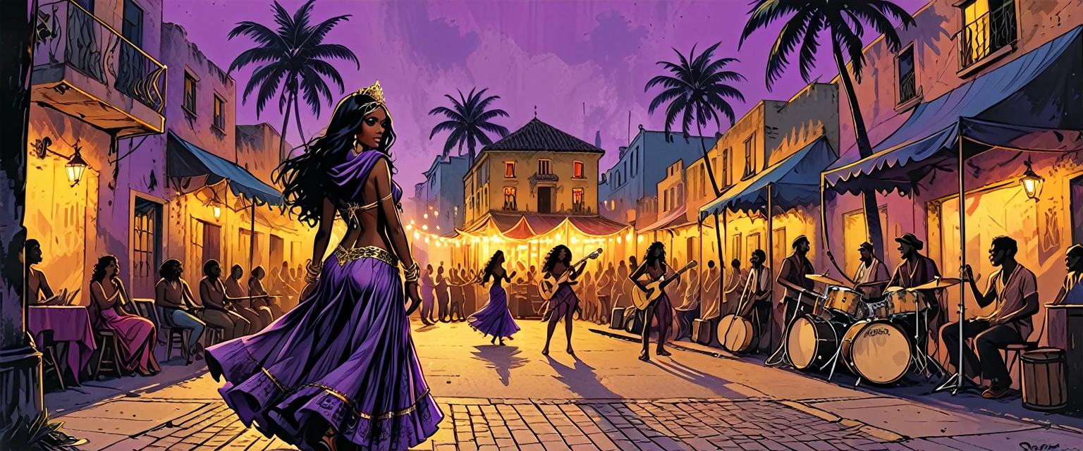 city square, (gypsy dancing,black long Waves hair, black eyes, Fleshy nose, Thin nude Lips, dark makeup,(jewelry), ((tiara)), ((dark violet hood)), wearing intricate violet clothes, shawl, dark skin, mole under eye, gypsy dress, )
stage, a high stage on the street on which a gypsy dances and a music band plays, street, people looking at the stage, tropical street, palm trees, musician with a guitar, musician on drums,  graphic style of novel comics, 2d, 8k, hyperrealism, masterpiece, high resolution, best quality, ultra-detailed, super realistic, Hyperrealistic art, high-quality, ultra high res, highest detailed, lot of details, Extremely high-resolution details, incredibly lifelike, colourful, soft cinematic light,