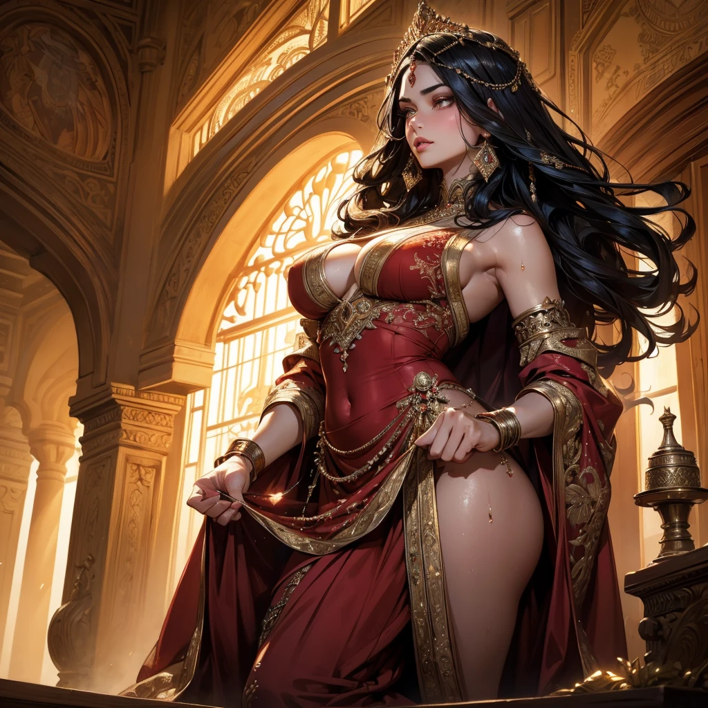 1 beautiful Persian princess wearing a fitted red sharara, long wavy black hair, visible sweat dripping armpits, full body covered glistening sweat, big breasts, fully body visible , white skin, detailed facial features, beautiful detailed eyes, beautiful detailed lips, extremely detailed eyes and face, long eyelashes, portrait, (best quality,4k,8k,highres,masterpiece:1.2),ultra-detailed,(realistic,photorealistic,photo-realistic:1.37),dramatic lighting, warm color tones, vibrant colors