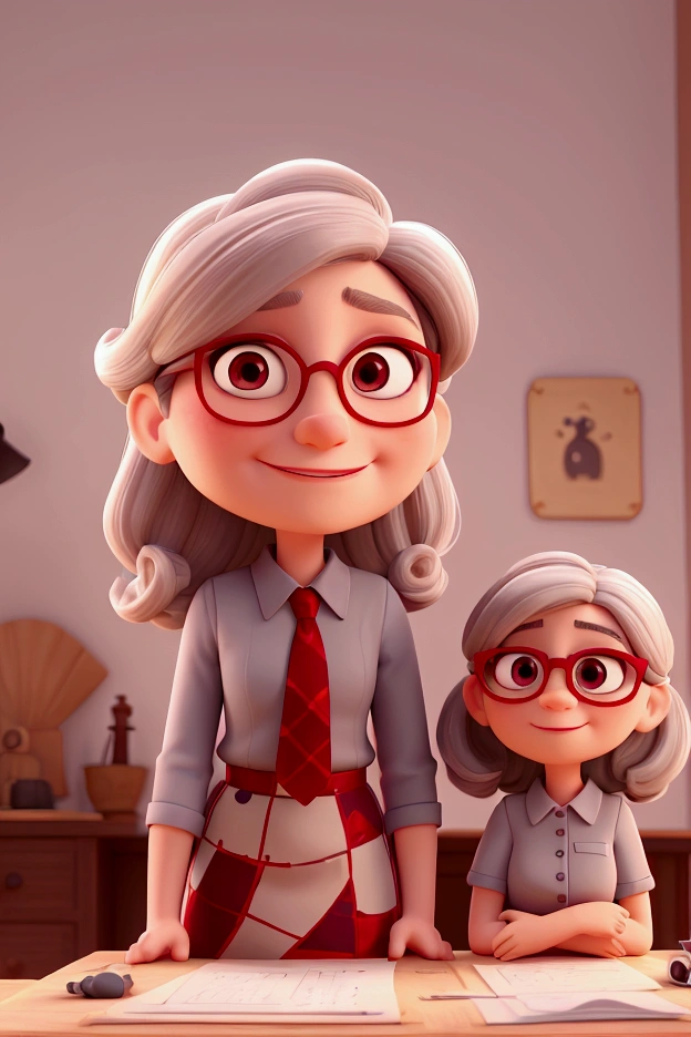Make a couple, where the man appears to be 45 years old, is white, has gray hair,where on the side it is whiter and on top it is grayer. He has a rounded face, the eyes are slanted and black in color. Have him smiling and wearing a blue dress shirt and a red tie. Beside you is a woman of about 40 years old, white, with a full face and a slightly larger nose, black slanted eyes, straight dark blonde shoulder length hair swept to the side. Make her wear glasses with burgundy frames, wearing red lipstick and a pretty red flowery dress. Make it in 3d pixar style animation.