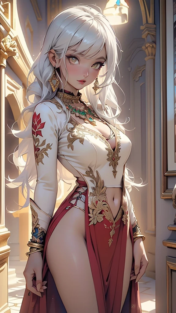 woman,1female,((milf,mom,mature,mature woman,45 years old female,adult)),(large breasts:1.5),saggy breasts,(((white hair:1.4,straight hair,long hair:1.4,colored inner hair))),((yellow_eyes:1.3)),intricate eyes,beautiful detailed eyes,symmetrical eyes,((((dark skin:1.4,lustrous skin:1.5,bright skin: 1.5,skin tanned,shiny skin,very shiny skin,shiny body,illuminated skin)))),(spider lower abdomen,narrow waist,wide hip,bimbo body,inflated legs,thick thighs,delicate detailed fingers),(((detailed face))),
cute,slutty,sensual,seductive look,seductive,((erotic)),opulent,sumptuous,longingly,((nsfw)),
queen,goddess,fantasy,(((ice jewelry,intricate necklace,christmas jewelry,detailed outfit))),cleavage,silver silk,((eyeshadow,elegant makeup,eyelid makeup,gold lips,gold lipstick)),zettai ryouiki,revealing clothing,show skin,cleavage,((underboob)),((arabian dress, arabian princess,arabian beauty,beautiful alluring,beautiful genie girl)),((intricate genie outfit)),arabian accessories,(arabian jewelry in her arms),earrings,(((pelvis curtain))),(loincloth),(((red dress))),((Transparent cloth:1.1)),(((intricate outfit,intricate clothes,embroidered outfit,ornate outfit,embroidered clothes,ornate clothes))),
(dynamic pose:1.0),embarrassed,(centered,scale to fit dimensions,Rule of thirds),
inside,indoor,((palace in Arabia, palace in Arabia background)),scenery:1.25,((intricate scenery)),
(Glossy winter ornaments),highres,sharp focus,(ultra detailed,extremely detailed),(photorealistic artwork:1.37),(extremely detailed CG unity 8k wallpaper),(((vibrant colors,vibrant theme))),(intricate),(masterpiece),(best quality),artistic photography,(photography taken by sldr),(intricate background),perfect rendered face,perfect face details,realistic face,photo realistic,((intricate detail)),(((realism))),