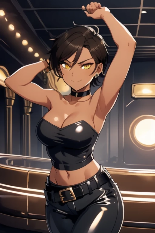 ((best quality)),((highly detailed)),masterpiece,absurdres,detailed face,beautiful face,(detailed eyes, deep eyes),(1girl),((dynamic pose)), 1girl, solo, 26 years old, tomboy, (shiny skin), (midriff:1.2), (tan-bronze skin), (Yellow eyes), short brown hair, medium breasts, (Cleavage), (Wearing: blue jacket, choker, Strapless black top, Belt, Black shiny leather pants), tight fitting clothing, piercings, toned, hourglass figure, athletic, snarky expression, wide smile, (agile physique:1.1), (Character Focus),Perfect Anatomy, Looking at Viewer, indoors, at a rave, nightclub background,