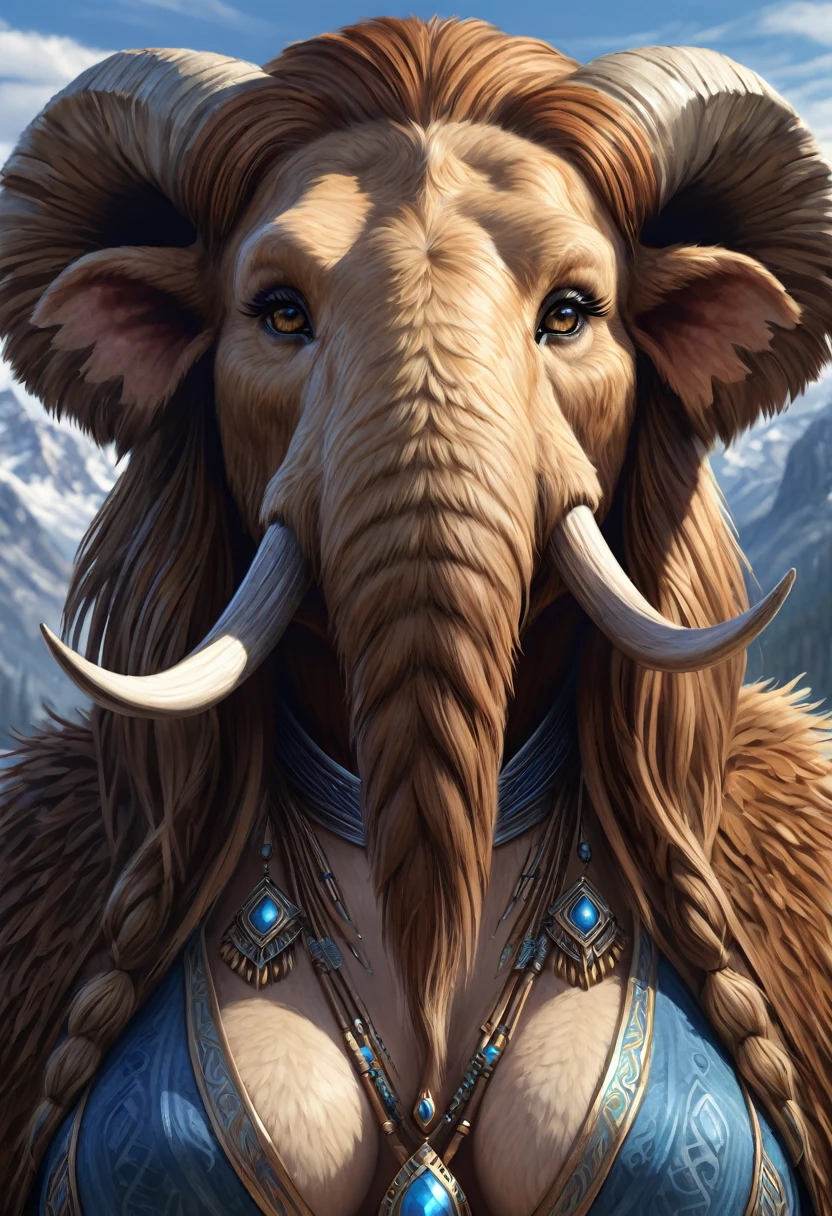 Anthropomorphic female wolly mammoth mage. Official Art – Charecter profile. An Award-Winning Digital Masterpiece In 4K Ultra HD, Extreme Detail And Intricate Realism. Symmetrical Face. This Concept Art Brought To Life By The Hands Of Artists Like Wlop & Artgerm In A Stunning 2D Vector Illustration.Background Is A Panoramic Vista.