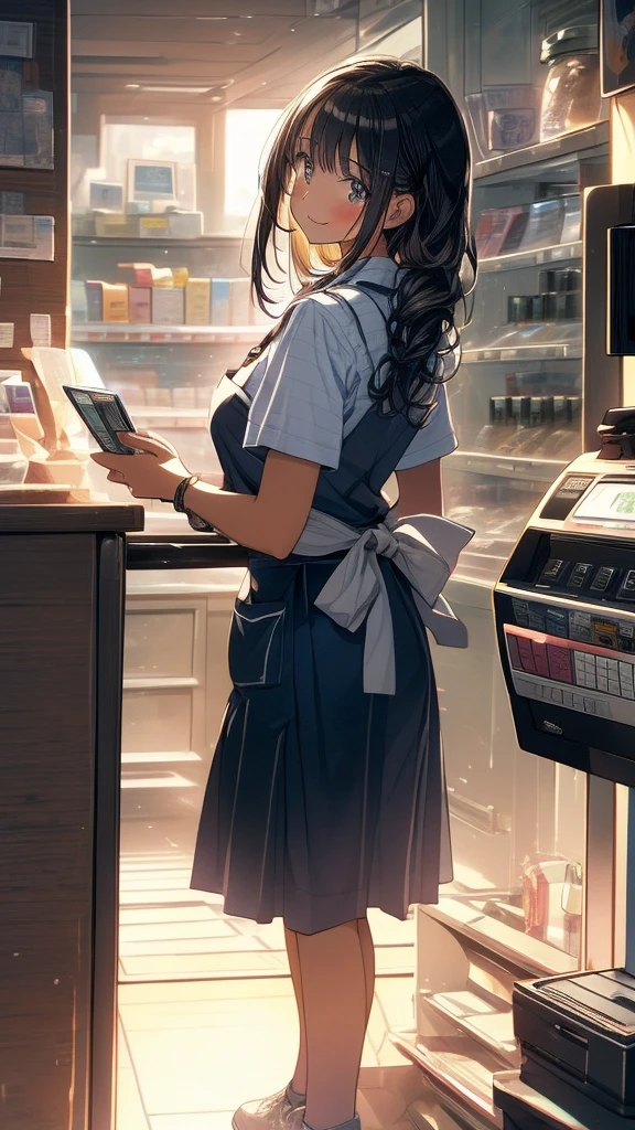 young woman,Facing forward,smile,((Standing inside the cash register)),Touching the cash register machine,Customer Service,((There is a cash register on the table)),(Scanning product barcodes at the cash register)),Supermarket clerk,Wearing an apron,uniform,((Working as a cashier)),((Cashier)),((cashier,register,)),((Receive money from customers)),There are products on the shelves,In the supermarket,Bright interior